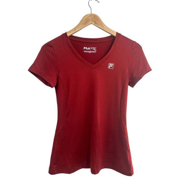 Fila Burgundy V Neck Short Sleeve‎ Mesh Workout Shirt XS - Picture 1 of 8